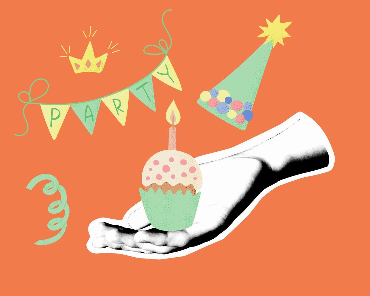 Collage with halftone hand holding birthday cupcake with candle and bonnet on orange background. Mix media composition with flat illustrations vector