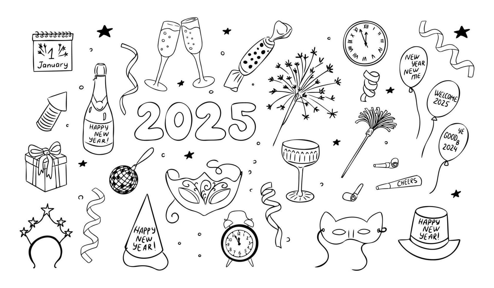 New Year 2025 party items doodle set. Winter holiday hand drawn sparkling, masks, clocks, bottle of wine and glasses isolated on white background. New Year decoration for coloring pages, stickers vector