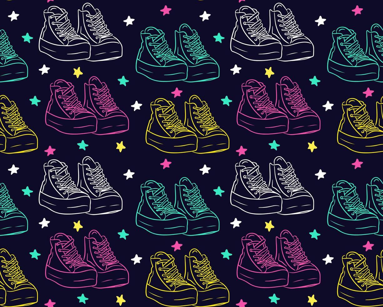 Neon colored retro 90s seamless pattern with outlined sneakers on dark background, creating a vibrant and playful design. hand drawn doodle illustration. Good for textile, fabric, wallpaper vector