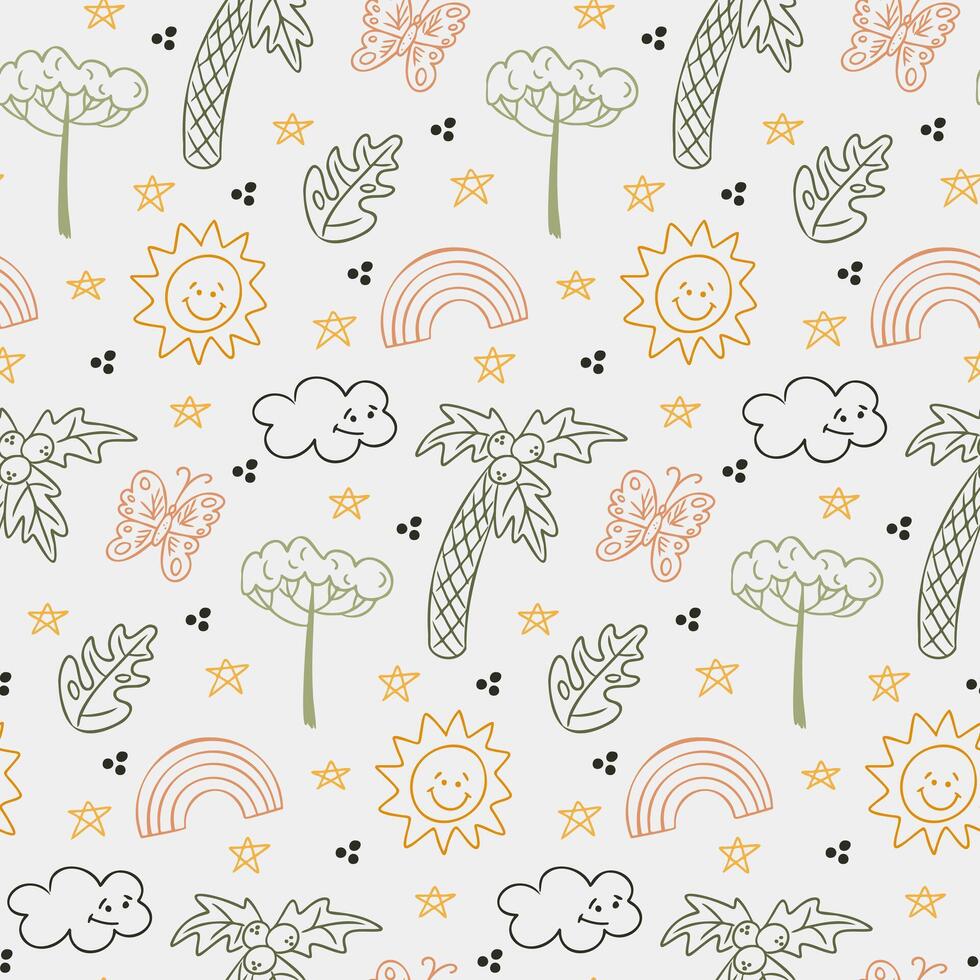 Childish colored contour doodle seamless pattern with botany elements. hand drawn sun, cloud, palm tree, butterfly and stars isolated on light background. Childish textile or wallpaper vector
