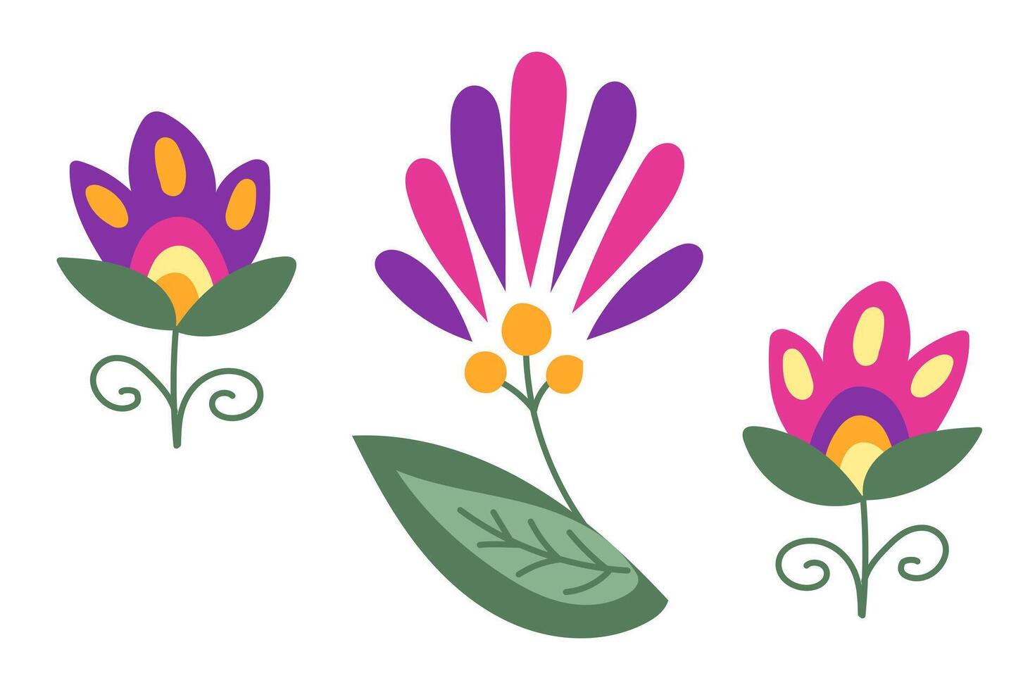 Colorful stylized flowers with vibrant purple, pink, and yellow petals, inspired by traditional Mexican folk art. floral flat set isolated on white background vector