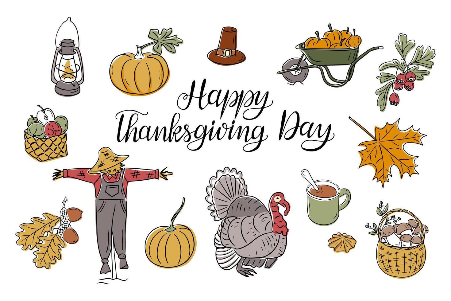 Thanksgiving colorful doodles set of traditional autumn items, including turkey bird, pumpkins, scarecrow and calligraphy typography. hand drawn greeting card isolated on white background vector