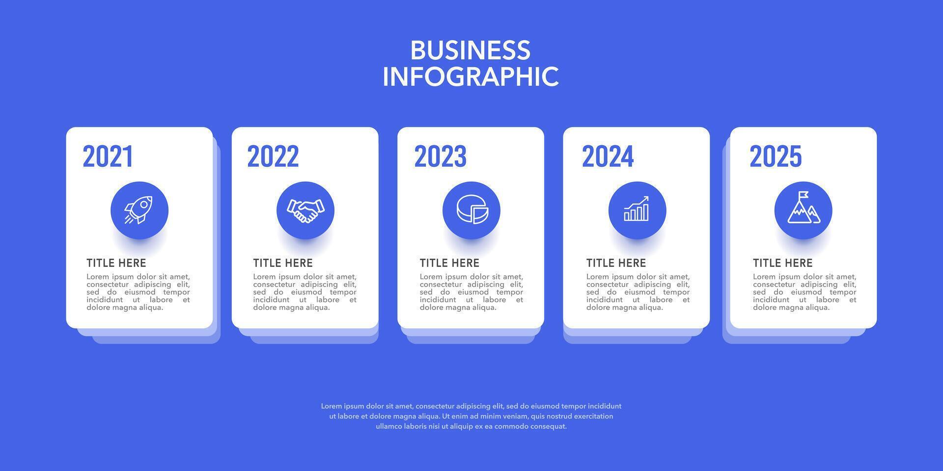 5 Business event timeline infographics on blue background. Business presentation, Anniversary, Poster and Banner. vector