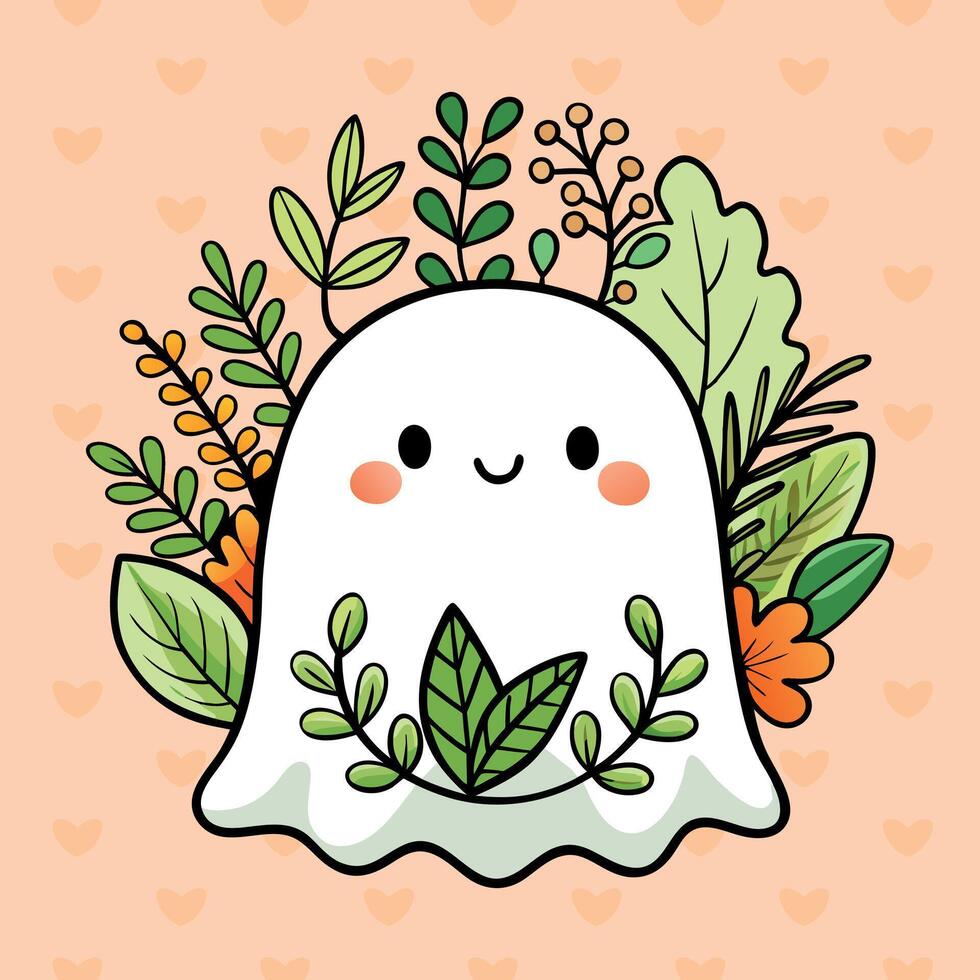 Smiling ghost surrounded by greenery in pastel colors vector