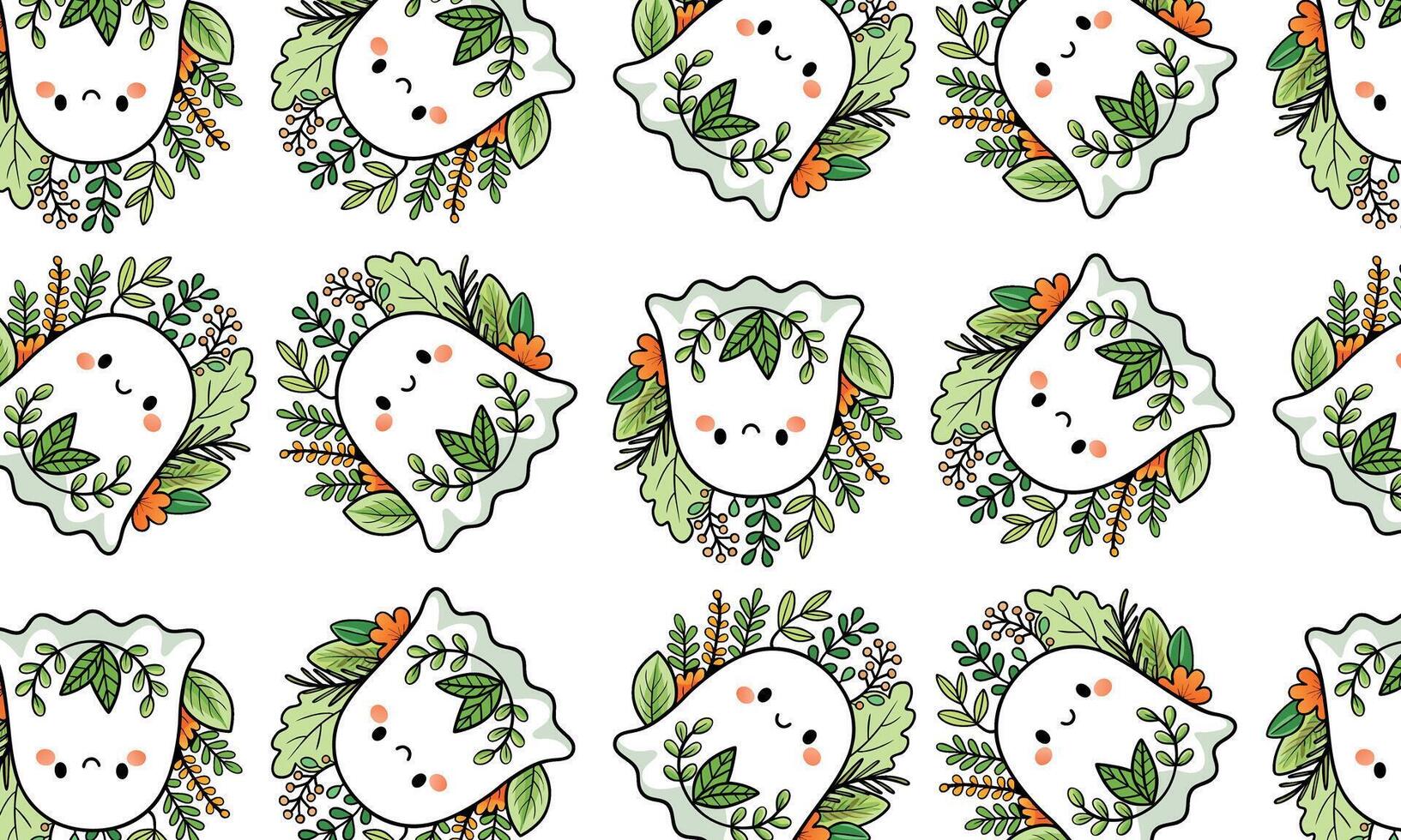 Repeating pattern kawaii-style ghosts surrounded by leaves and flowers. For textiles, gift wrap, holiday designs, Halloween vector