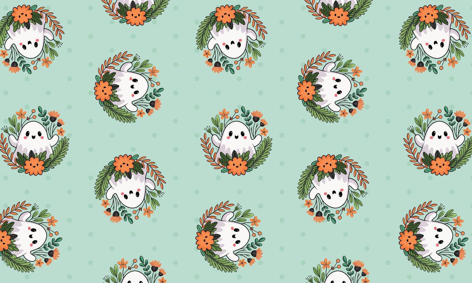 Kawaii ghost and floral pattern for textiles vector