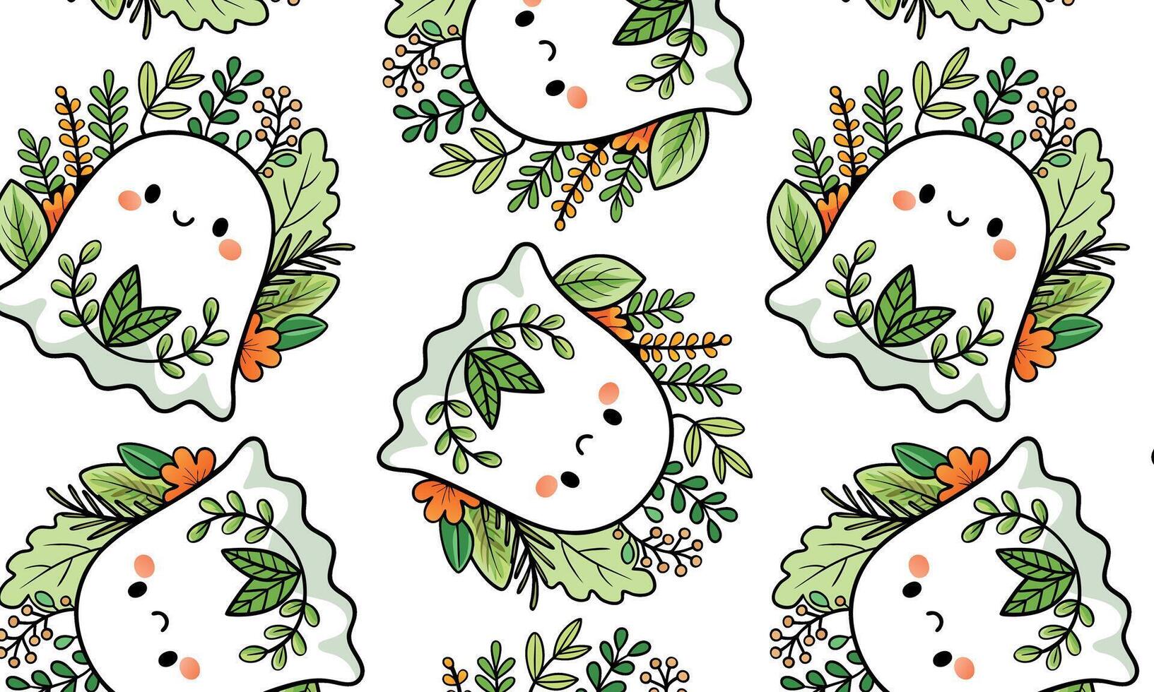 Cute ghost and botanical motif pattern, For textiles, gift wrap, holiday designs, Halloween vector