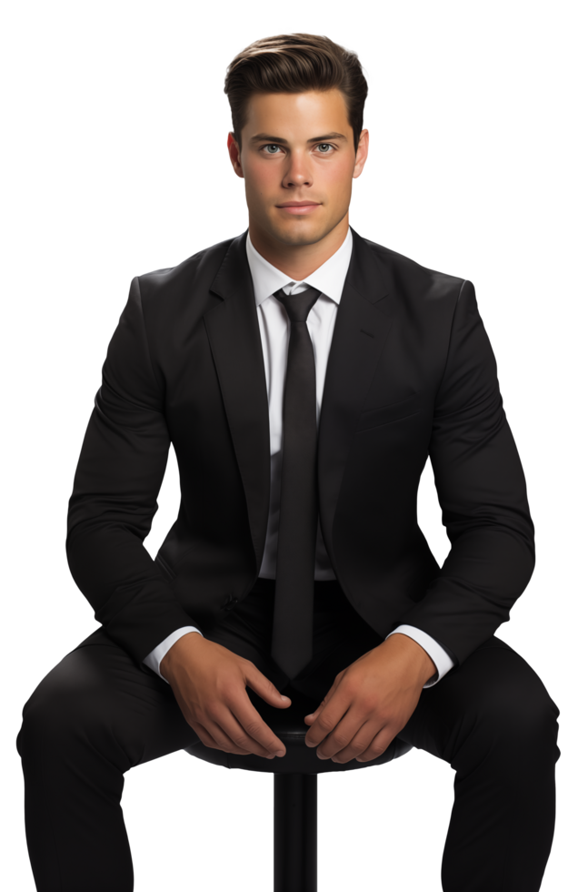 Person in a dark formal outfit on a transparent canvas png