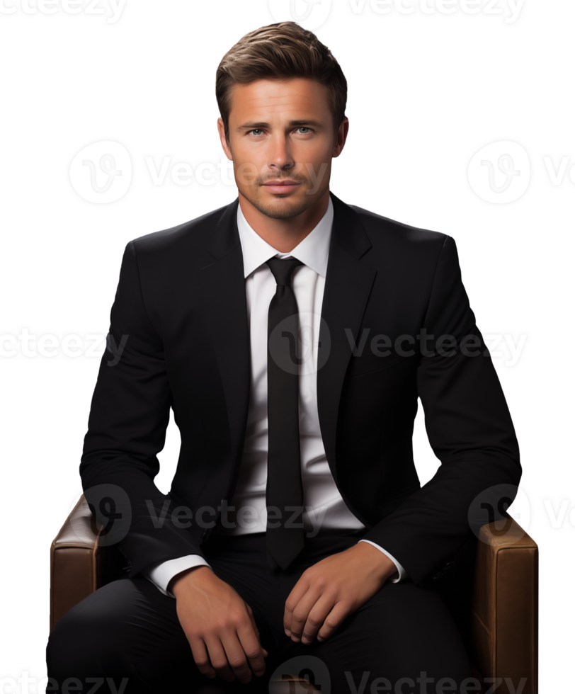 Man in a sleek black suit set against a transparent surface png