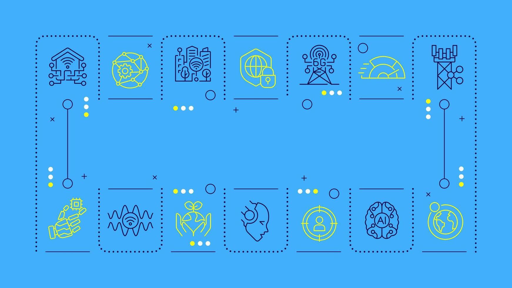 Industry 5 blue word concept. Smart city. Internet of everything. 6G technology. Sustainability. Horizontal image. Headline text surrounded by editable outline icons vector