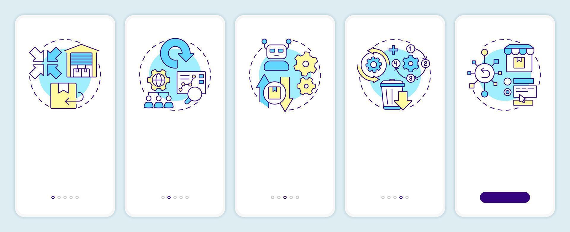 Reverse logistics strategies onboarding mobile app screen. Walkthrough 5 steps editable graphic instructions with linear concepts. UI, UX, GUI template vector