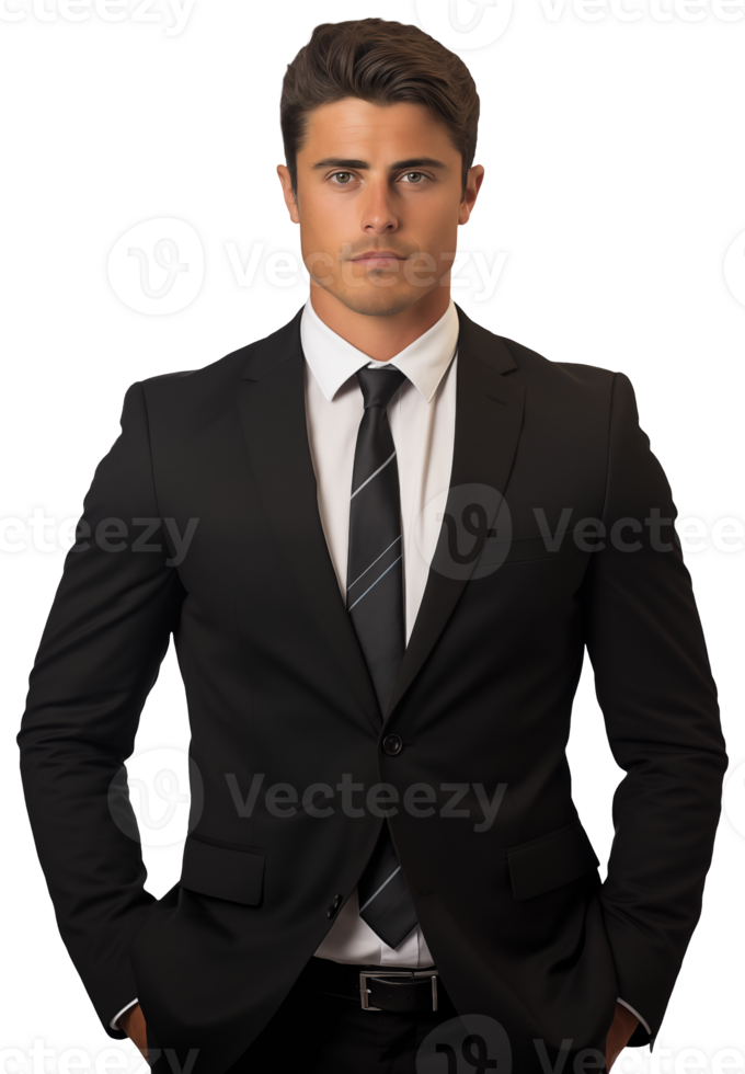 Person wearing a black formal suit with a transparent background png