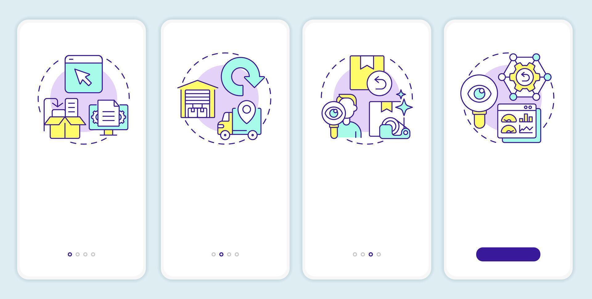 Stages of reverse logistics onboarding mobile app screen. Walkthrough 4 steps editable graphic instructions with linear concepts. UI, UX, GUI template vector