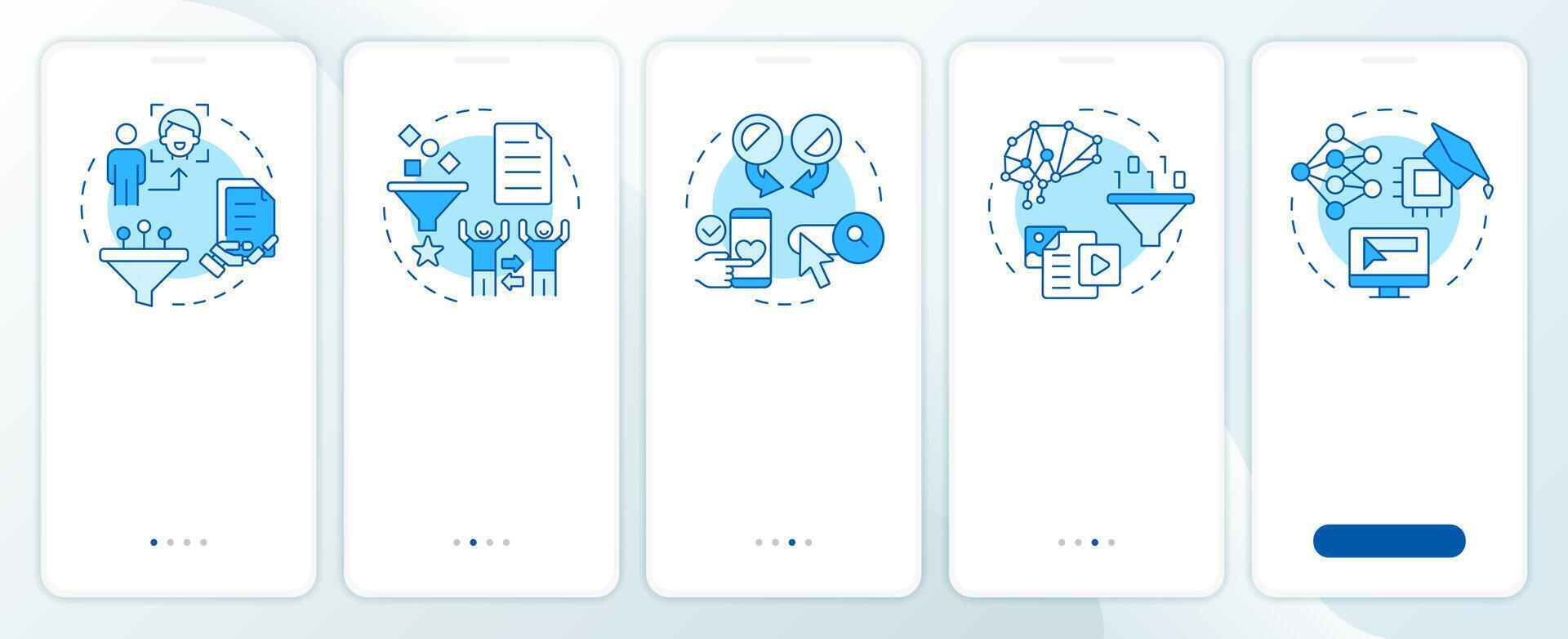 recomendación sistemas tipos azul inducción móvil aplicación pantalla. recorrido 5 5 pasos editable gráfico instrucciones con lineal conceptos. ui, ux, gui modelo vector