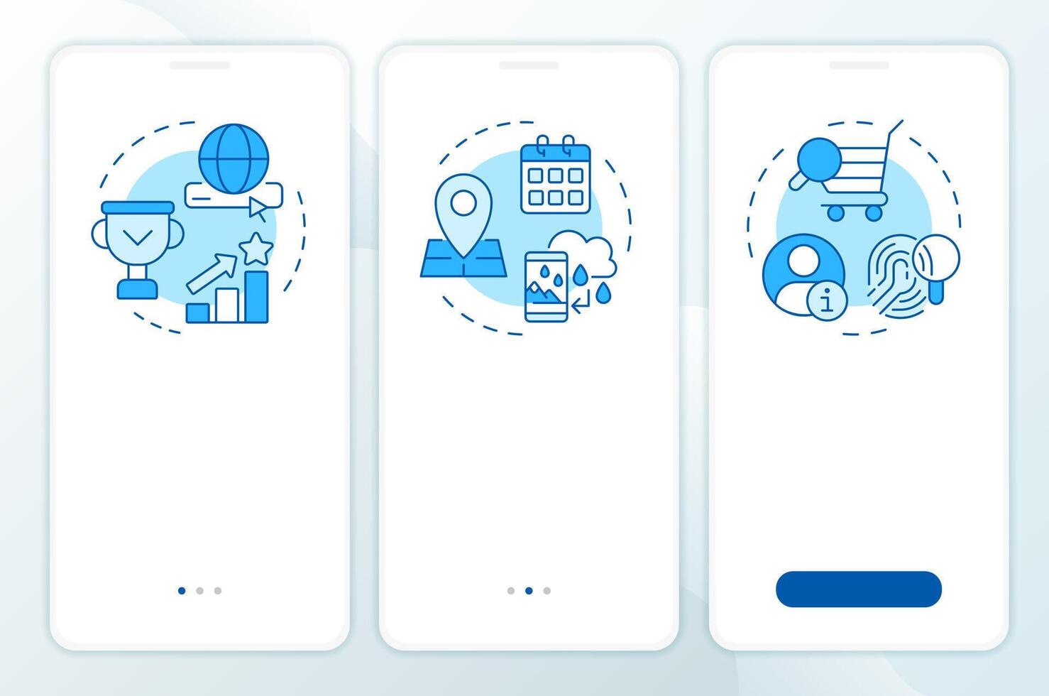 Recommendation methodologies blue onboarding mobile app screen. Walkthrough 3 steps editable graphic instructions with linear concepts. UI, UX, GUI template vector