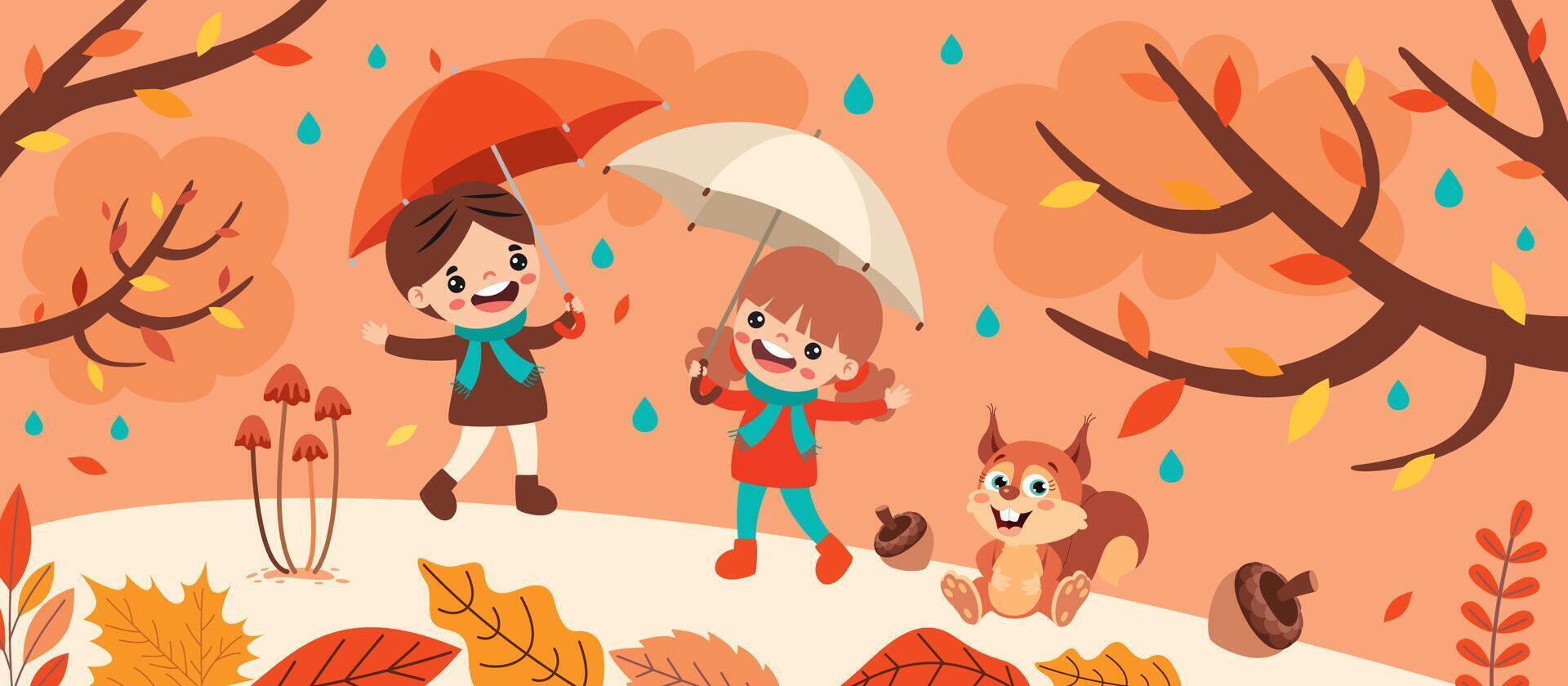 Autumn Illustration With Cartoon Kids vector