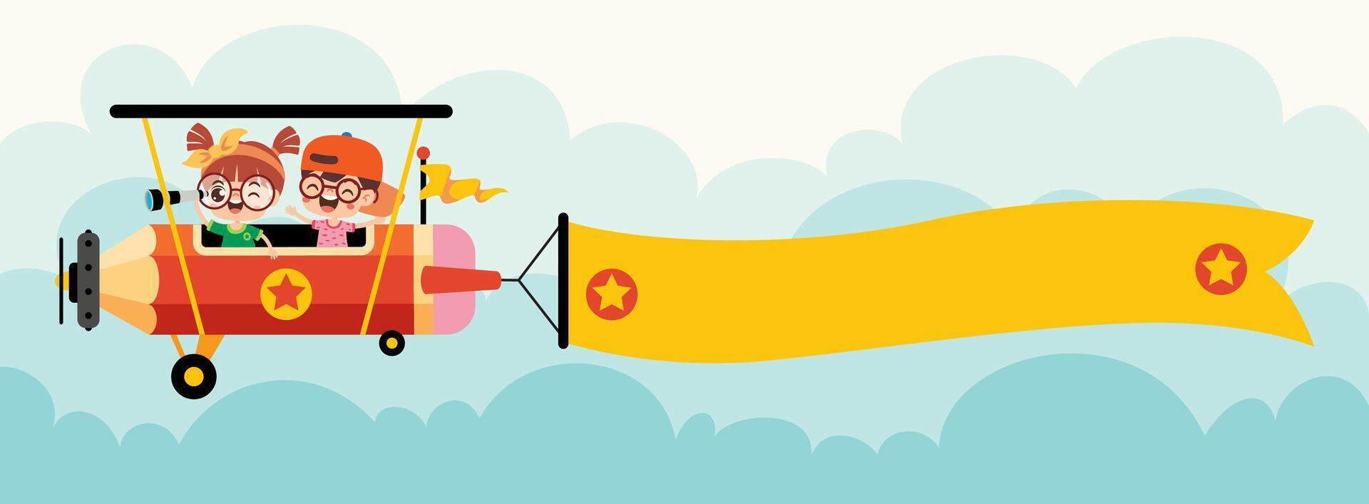 Cartoon Kids Riding Pencil Plane vector