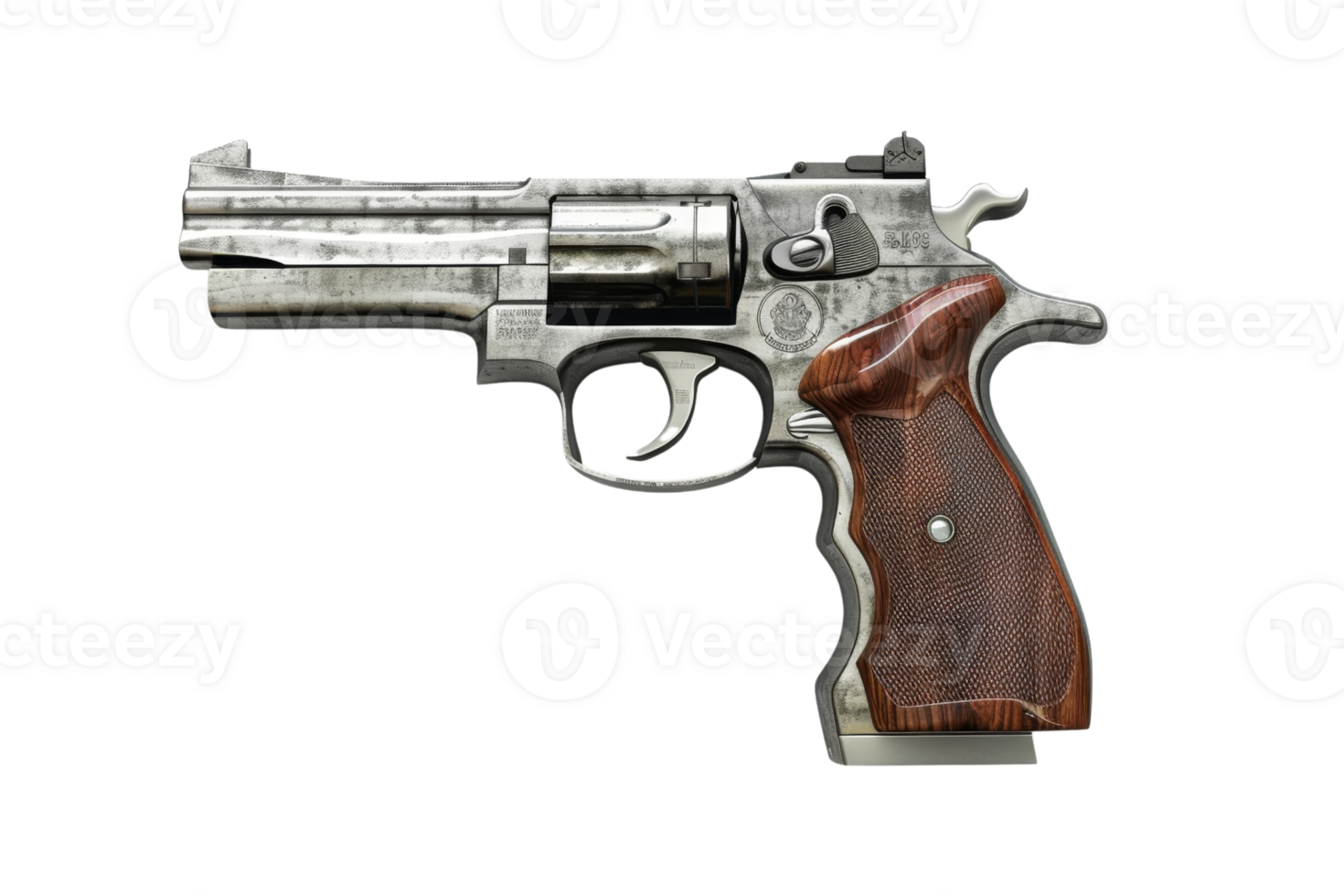High-quality image of a metal revolver with a wooden grip, showcasing details of the handgun for use in various visual projects. png