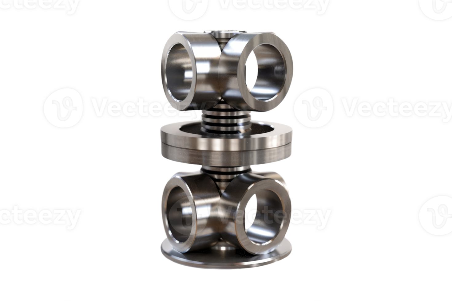 3D rendering of a stainless steel cross fitting with a black background png