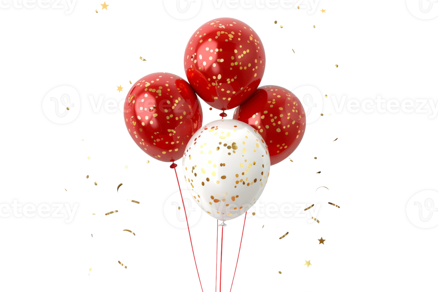 A bouquet of festive red and white balloons with gold confetti. Perfect for celebrations, parties, and festive occasions. Isolated on a transparent background. png