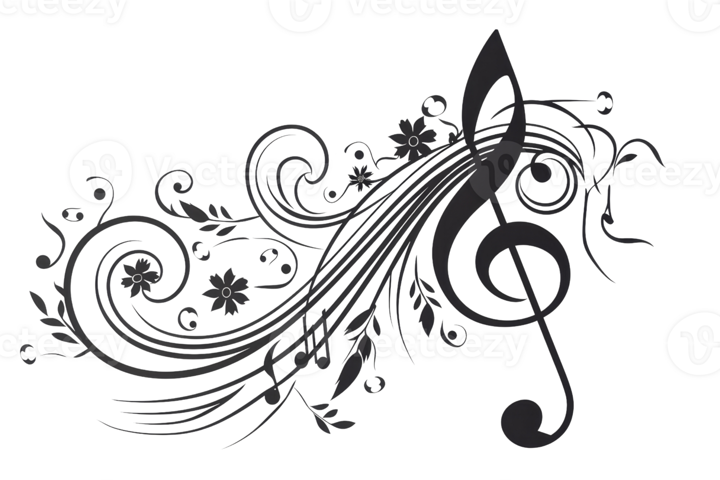 Black and white image of a treble clef with colorful music notes. png