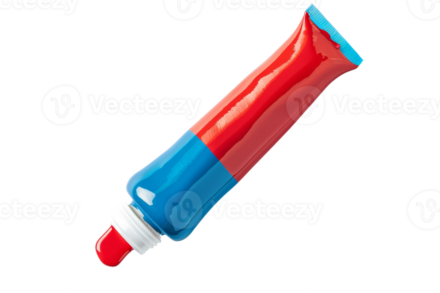 Colorful toothpaste tube with red and blue sections, isolated on transparent background. Perfect for dental and hygiene-related content. png
