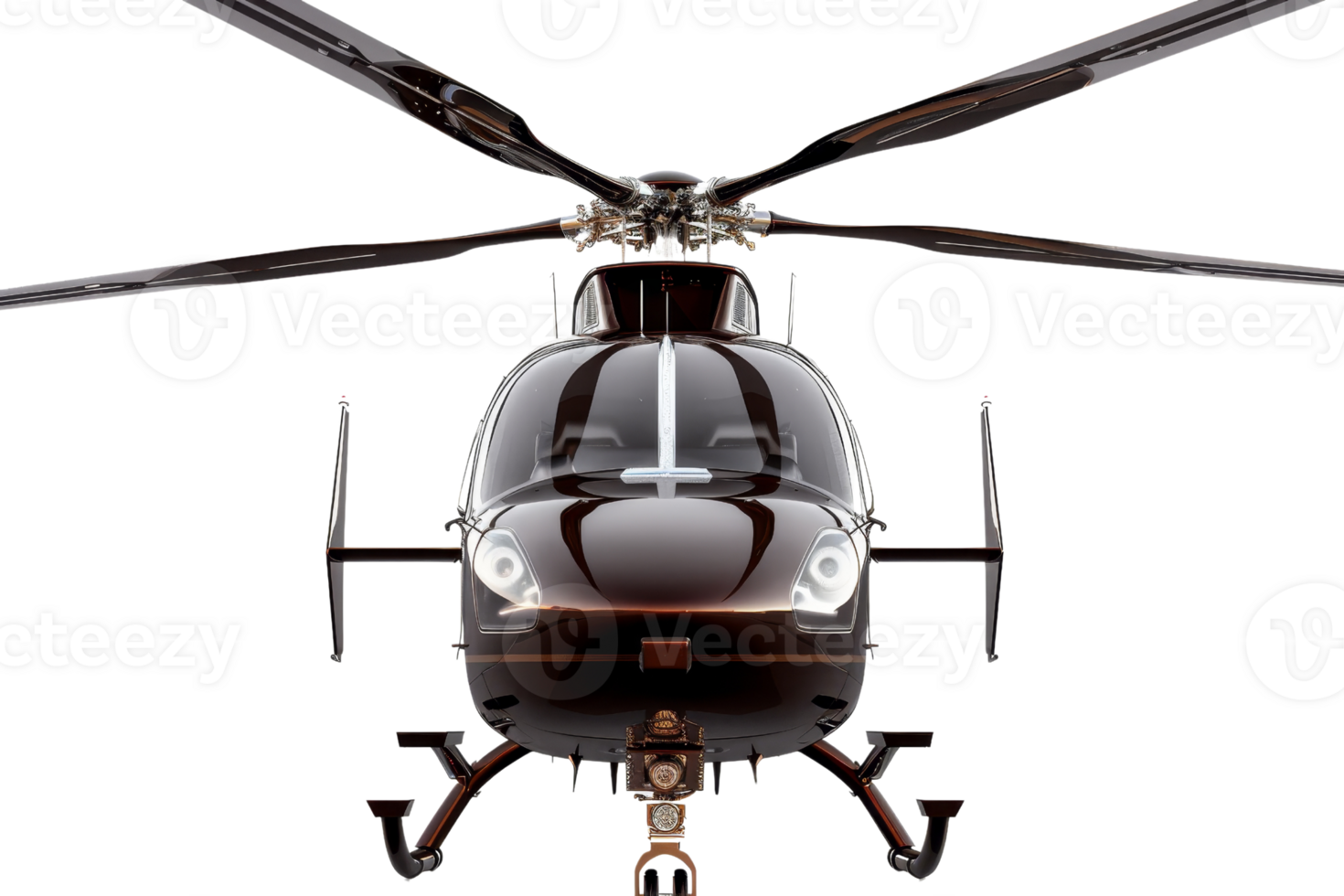 Front view of a sleek black helicopter isolated on a transparent background. showcasing its rotors and modern design, ready for flight. png