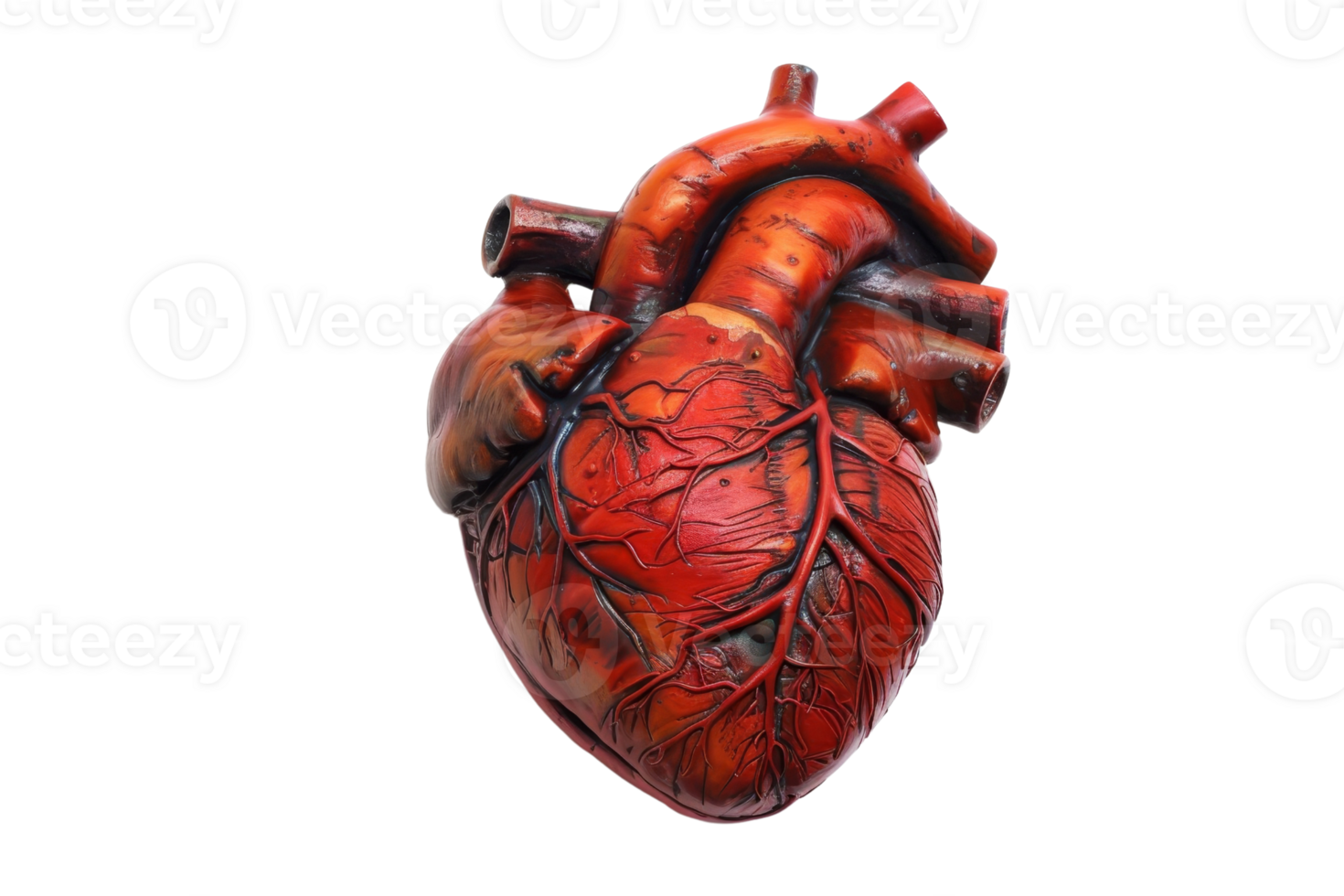 High-quality anatomical model of a human heart showing detailed veins and arteries for medical and educational purposes. png