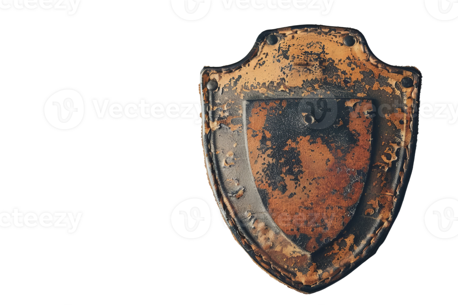 A rusty metal shield with a hole in the center. The shield is mounted on a black background. png