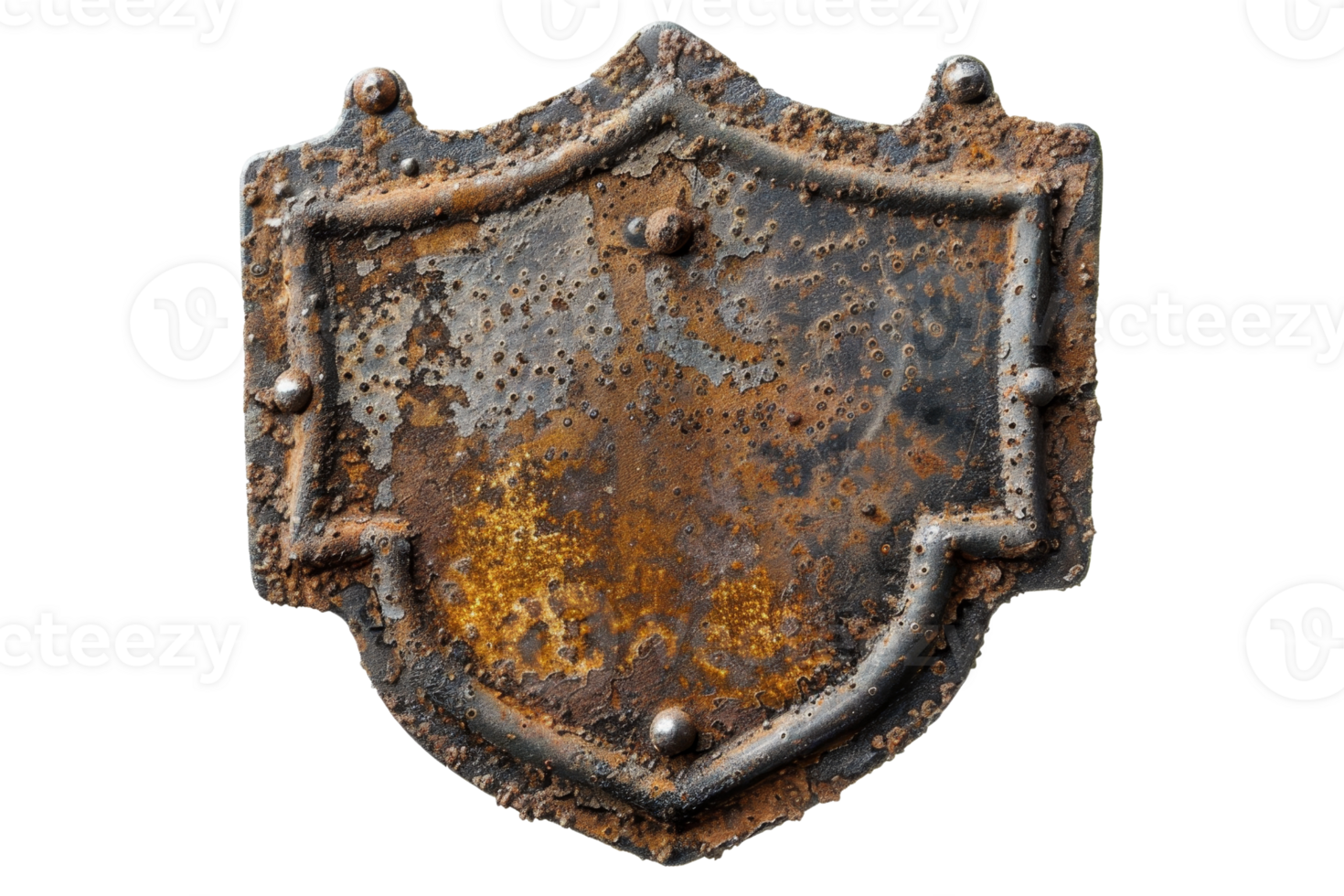 A rusty metal shield with rivets on a transparent background. png