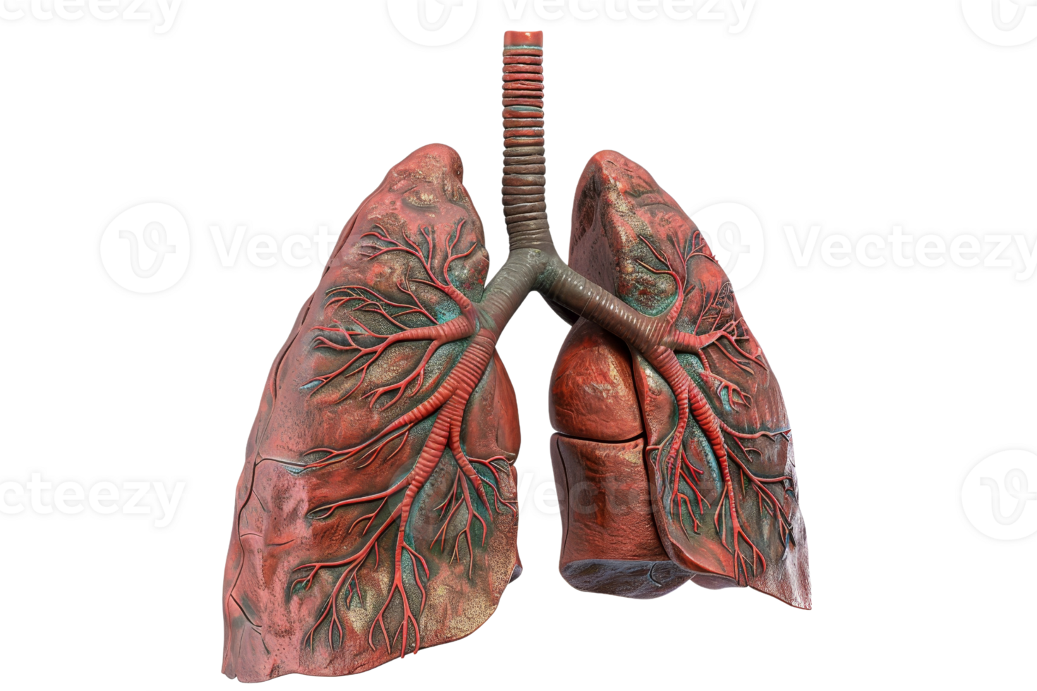 Detailed anatomical model of human lungs showing bronchial tubes and vascular system, ideal for medical education, healthcare, and respiratory studies. png