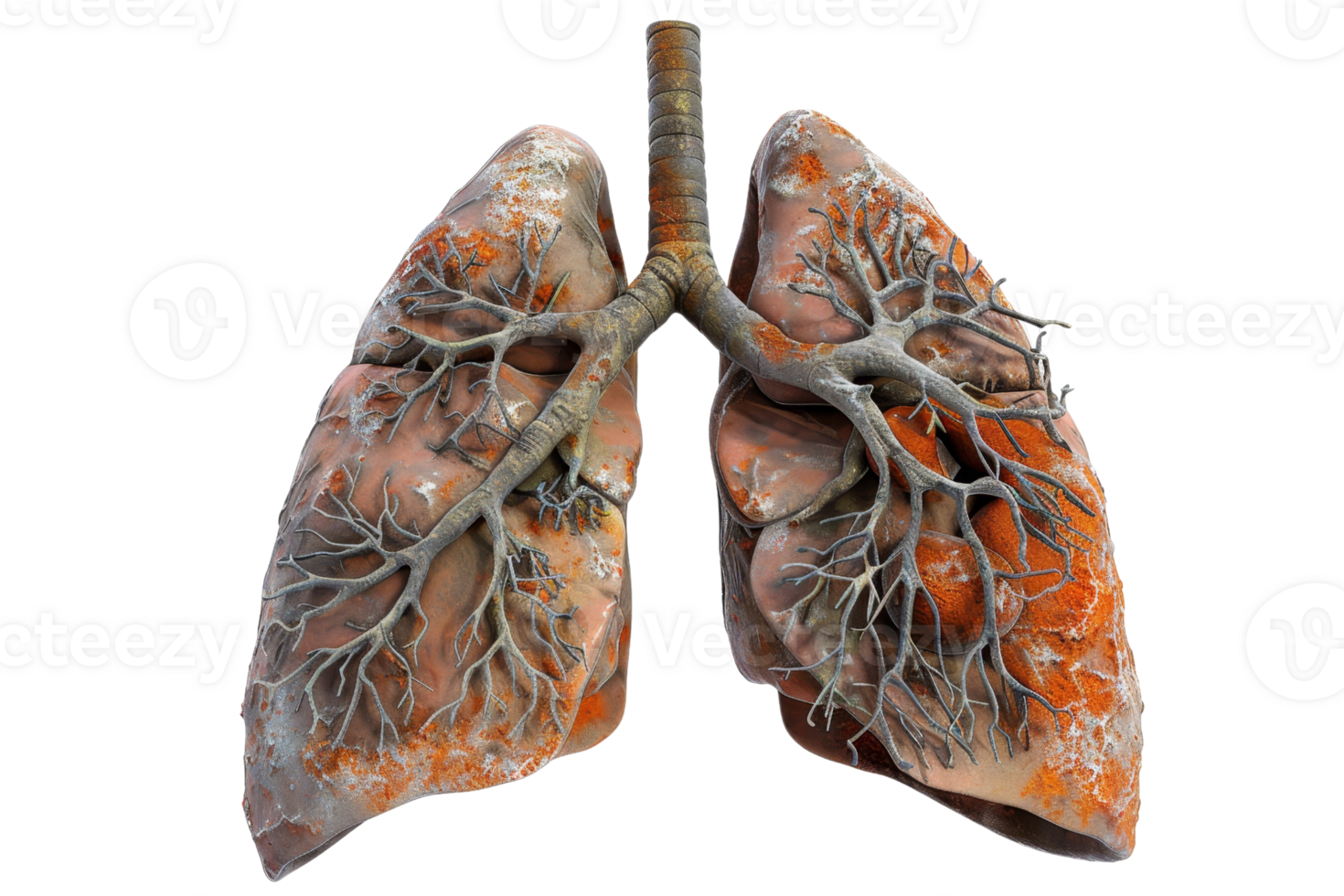 Highly detailed artistic model of human lungs with detailed artery and bronchi structure, isolated on a transparent background. png
