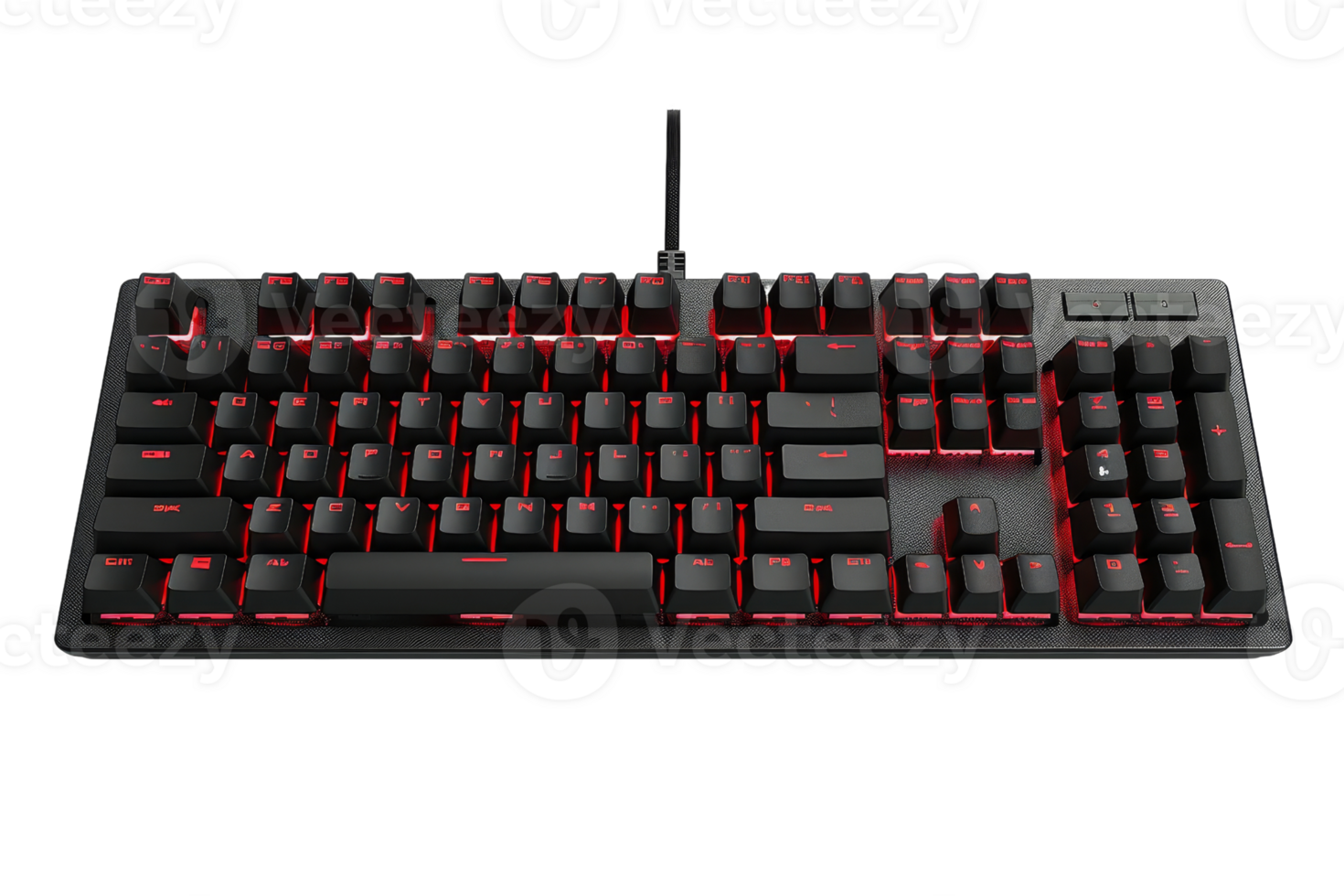 A sleek black mechanical keyboard with red backlighting, ideal for gaming and office use. Durable design with comfortable and responsive keys. png