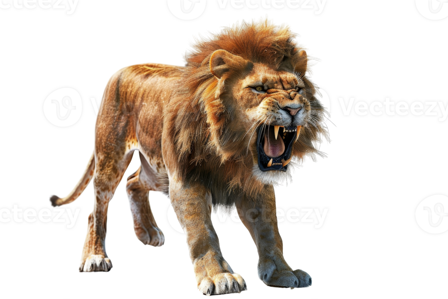 A majestic lion roaring with a powerful stance, showcasing its mane and strength in a dramatic, close-up wildlife shot. png