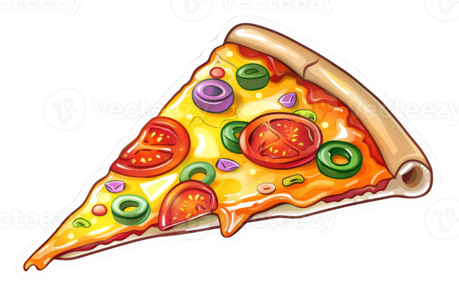A slice of pizza with various toppings such as cheese, pepperoni, onions, tomatoes, olives, and peppers. png
