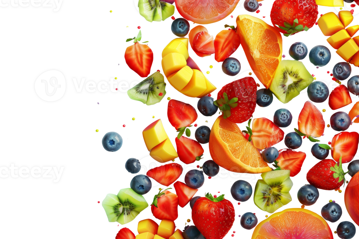 A colorful assortment of sliced fruits including strawberries, oranges, kiwi, blueberries, and mangoes on a transparent background. png