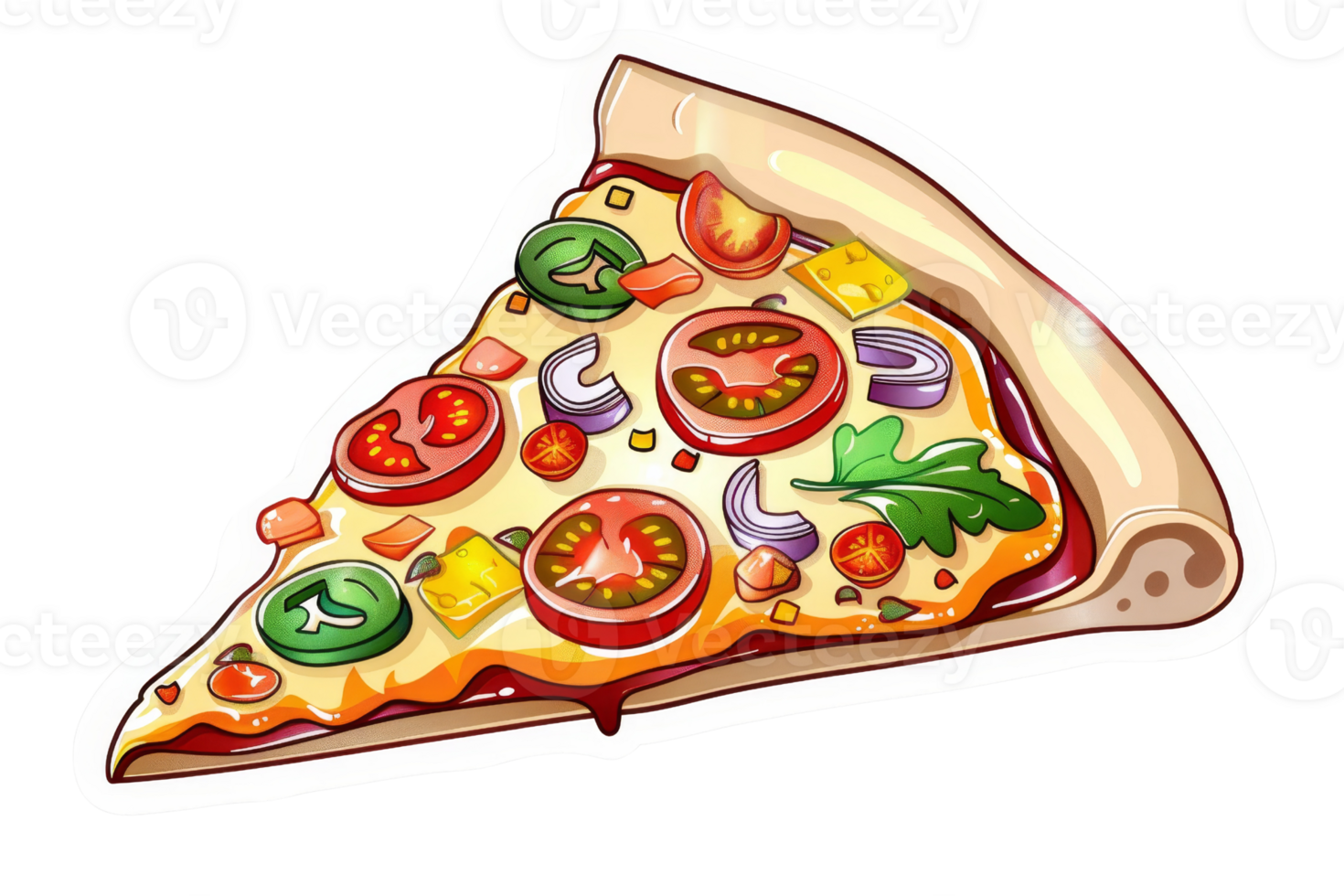 A slice of pizza with various toppings such as tomatoes, peppers, onions, basil, and cheese. png