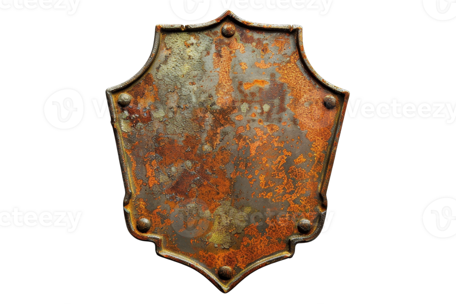 A metal shield with rivets. The shield is rusty and has a dark background. png