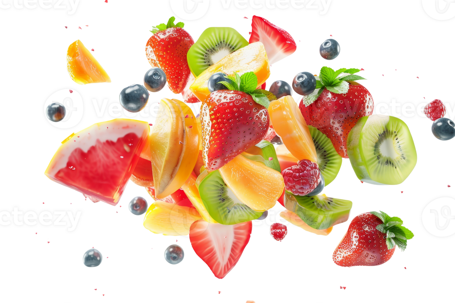 A vibrant assortment of fresh fruits including strawberries, kiwi, watermelon, and berries, creating a colorful and healthy display. png