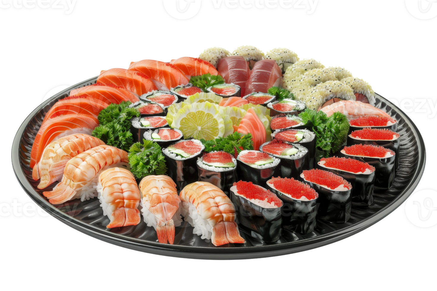A vibrant platter of assorted sushi, featuring fresh nigiri, sashimi, and rolls, beautifully presented with garnishes and a lemon slice centerpiece. png