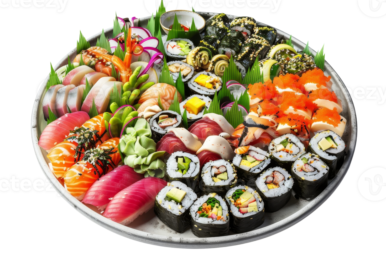 A vibrant platter of assorted sushi with rolls, nigiri, and sashimi, beautifully presented with garnishes. Perfect for seafood lovers. png