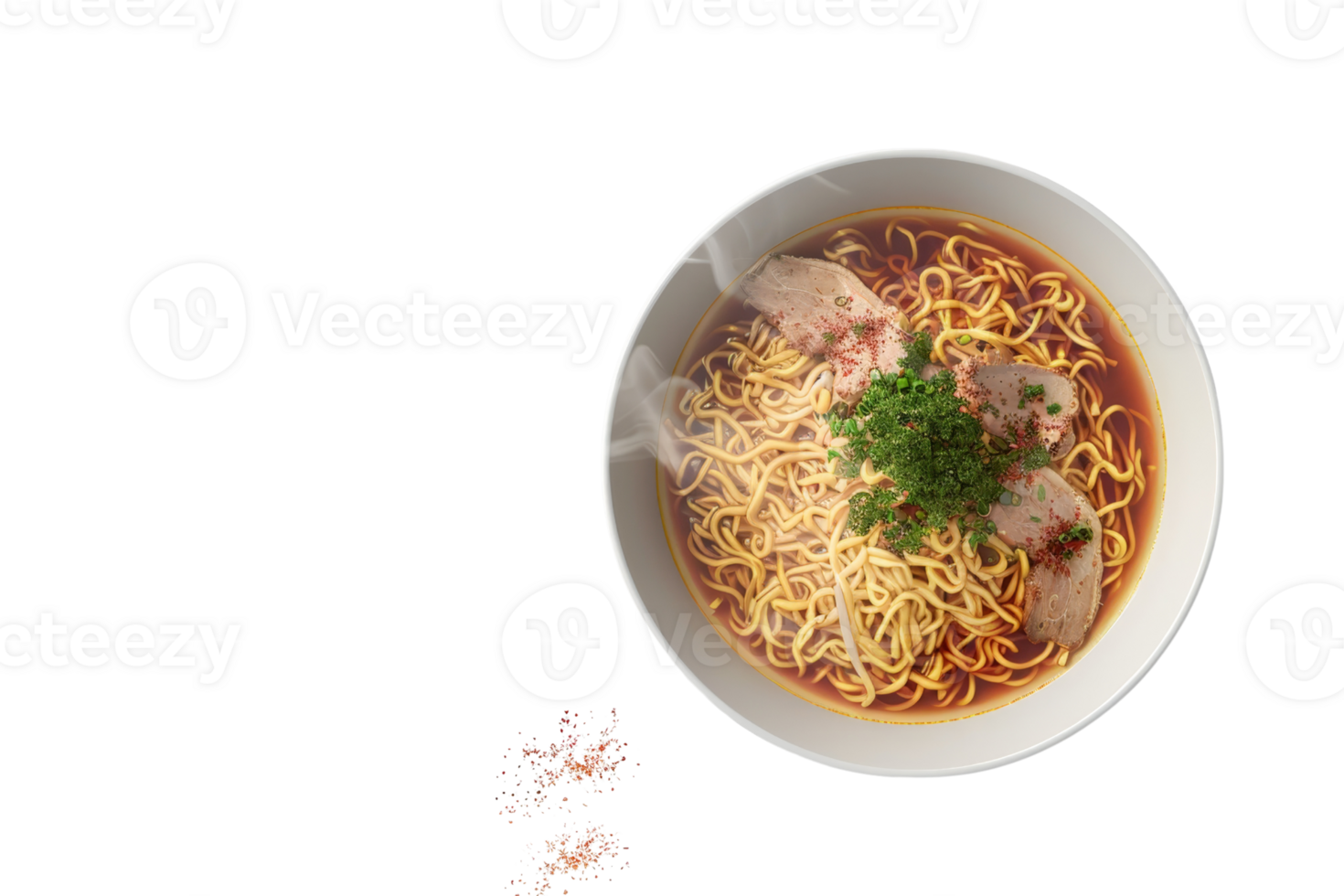 Aerial view of delicious ramen bowl with noodles, slices of meat, and fresh herbs in a flavorful broth, ready to eat. png