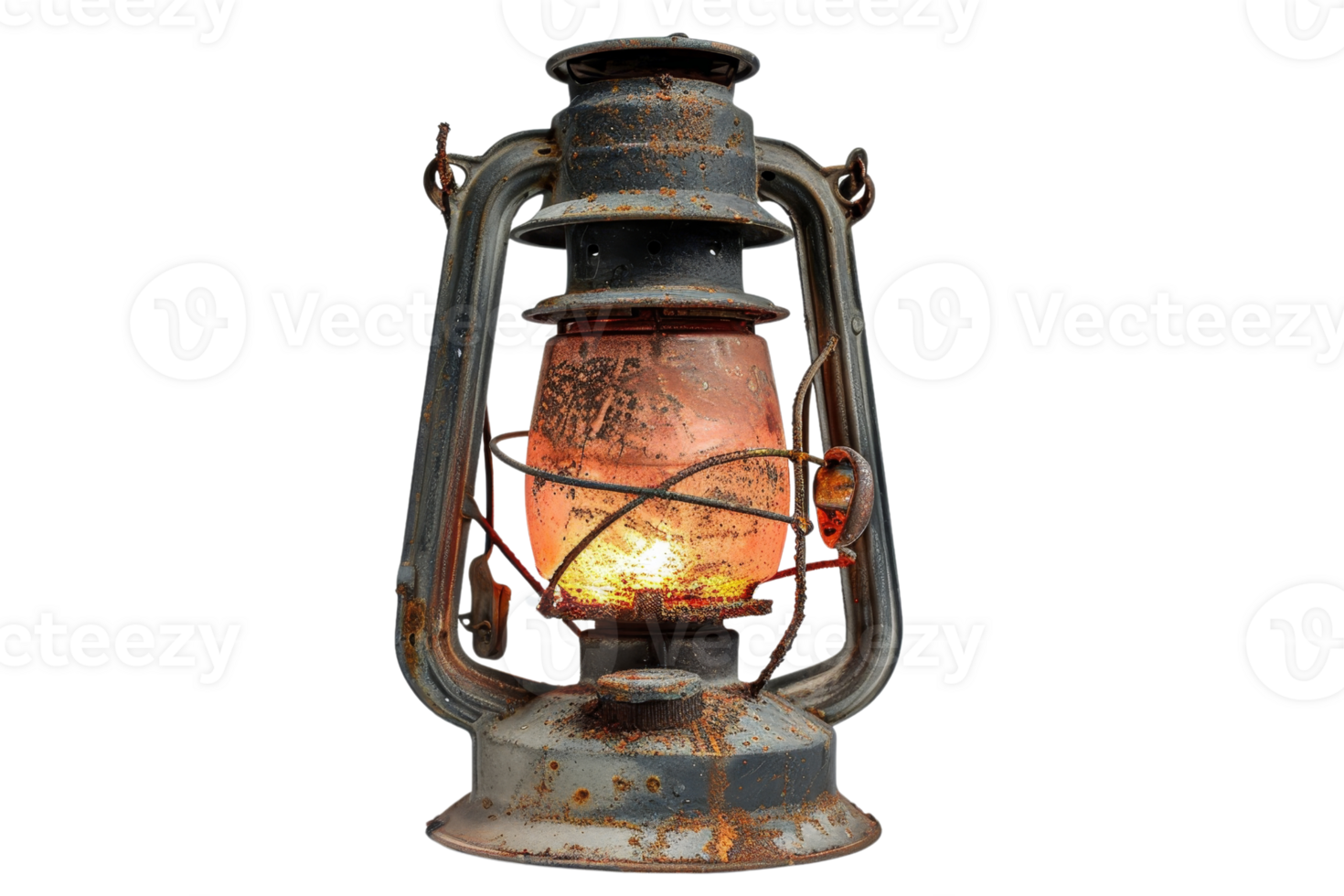 An old rusty lantern with a glowing flame inside. png