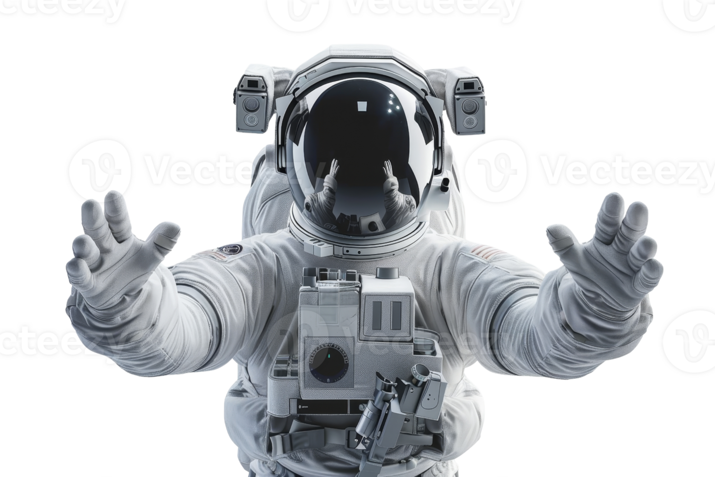 Astronaut in full space suit with arms extended, depicting space exploration and adventure. Isolated on transparent background. png