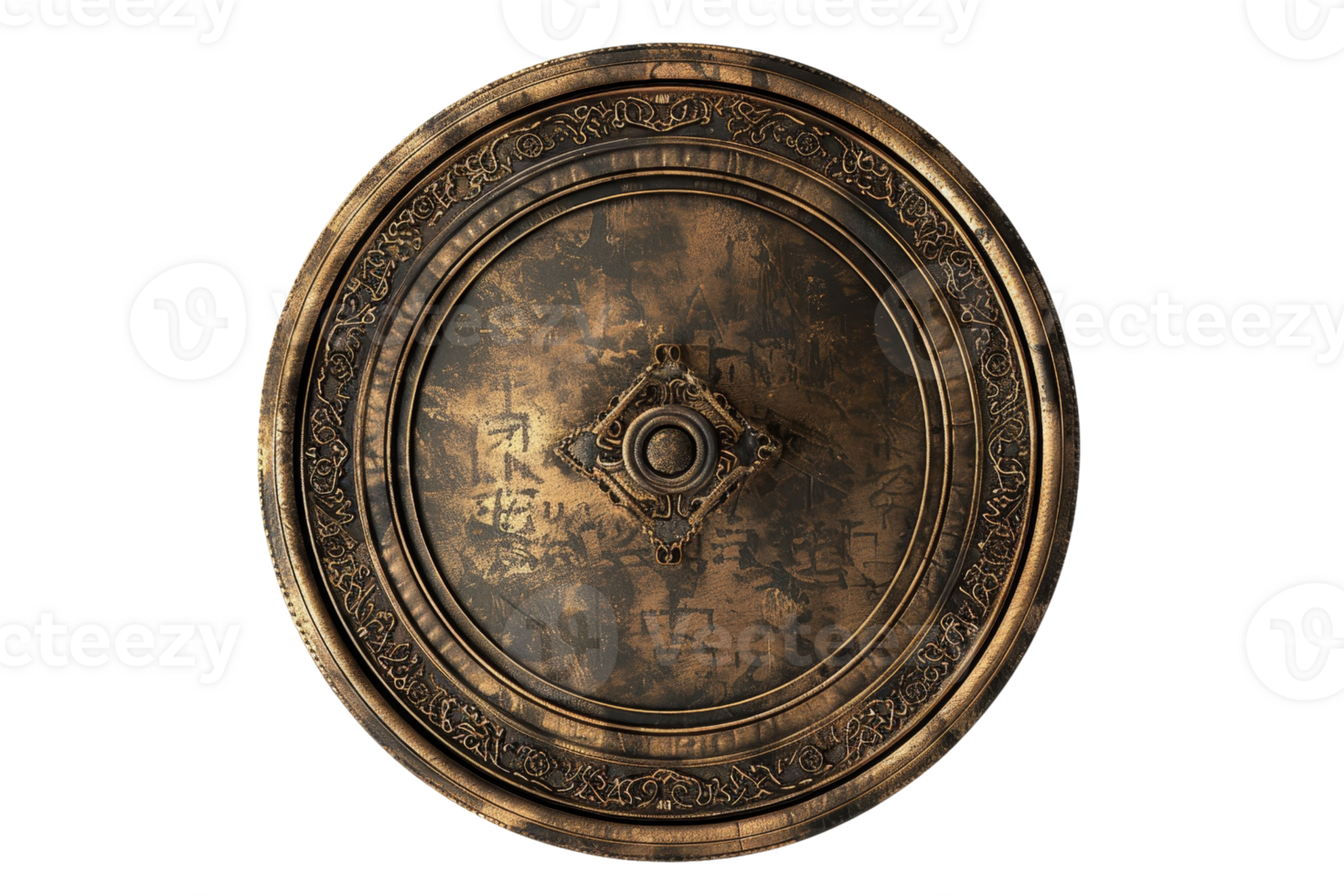 Ancient bronze shield with intricate patterns and tarnished surface, representing historical craftsmanship and medieval warfare. png