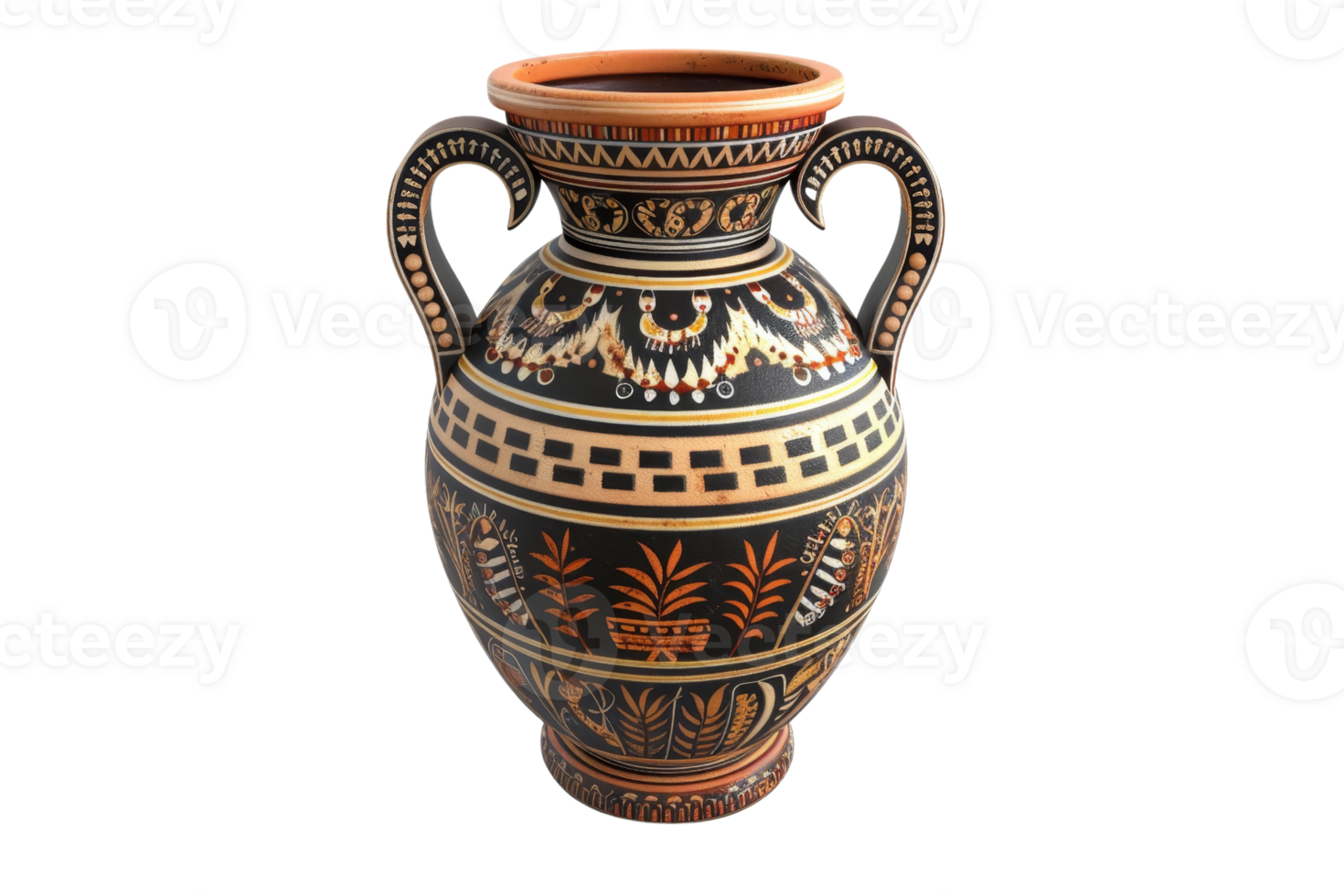 Beautiful ancient Greek vase with intricate patterns and two handles, perfect for historical and cultural design projects. png