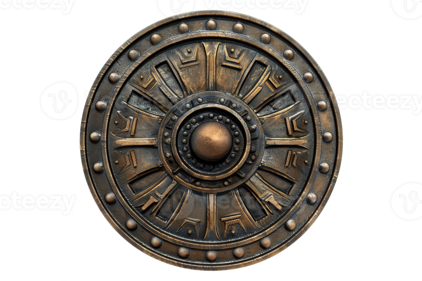Antique round shield featuring detailed ornate patterns and aged metallic texture, perfect for historical and fantasy themes. png