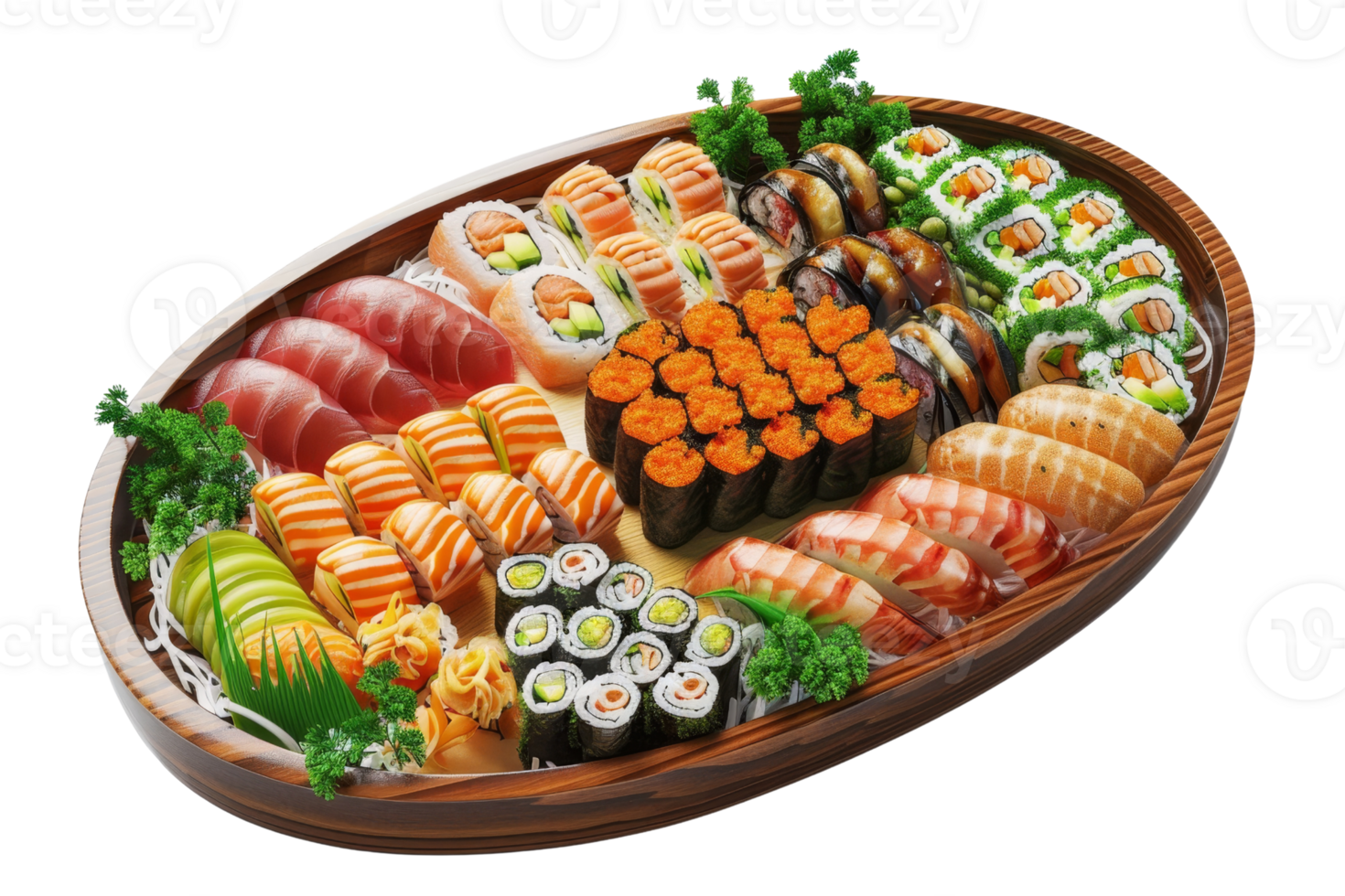 Assorted sushi platter with various types of sushi including nigiri, maki, and sashimi beautifully arranged on a wooden plate. png