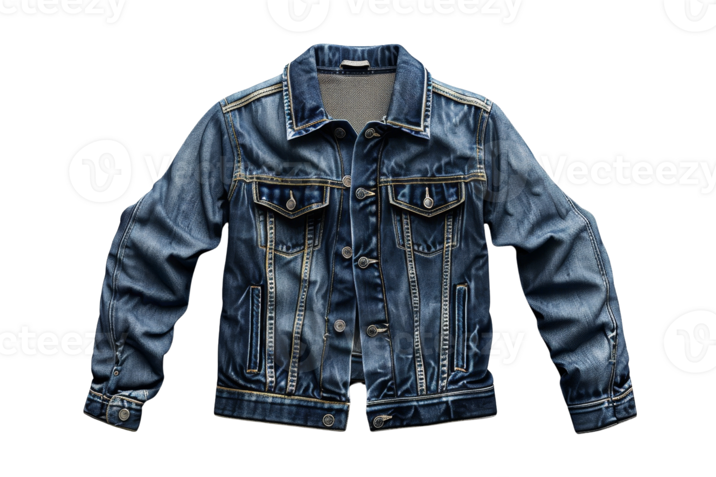 Classic blue denim jacket isolated on transparent background. Stylish and versatile, perfect for casual wear or adding a touch of edge to any outfit. png