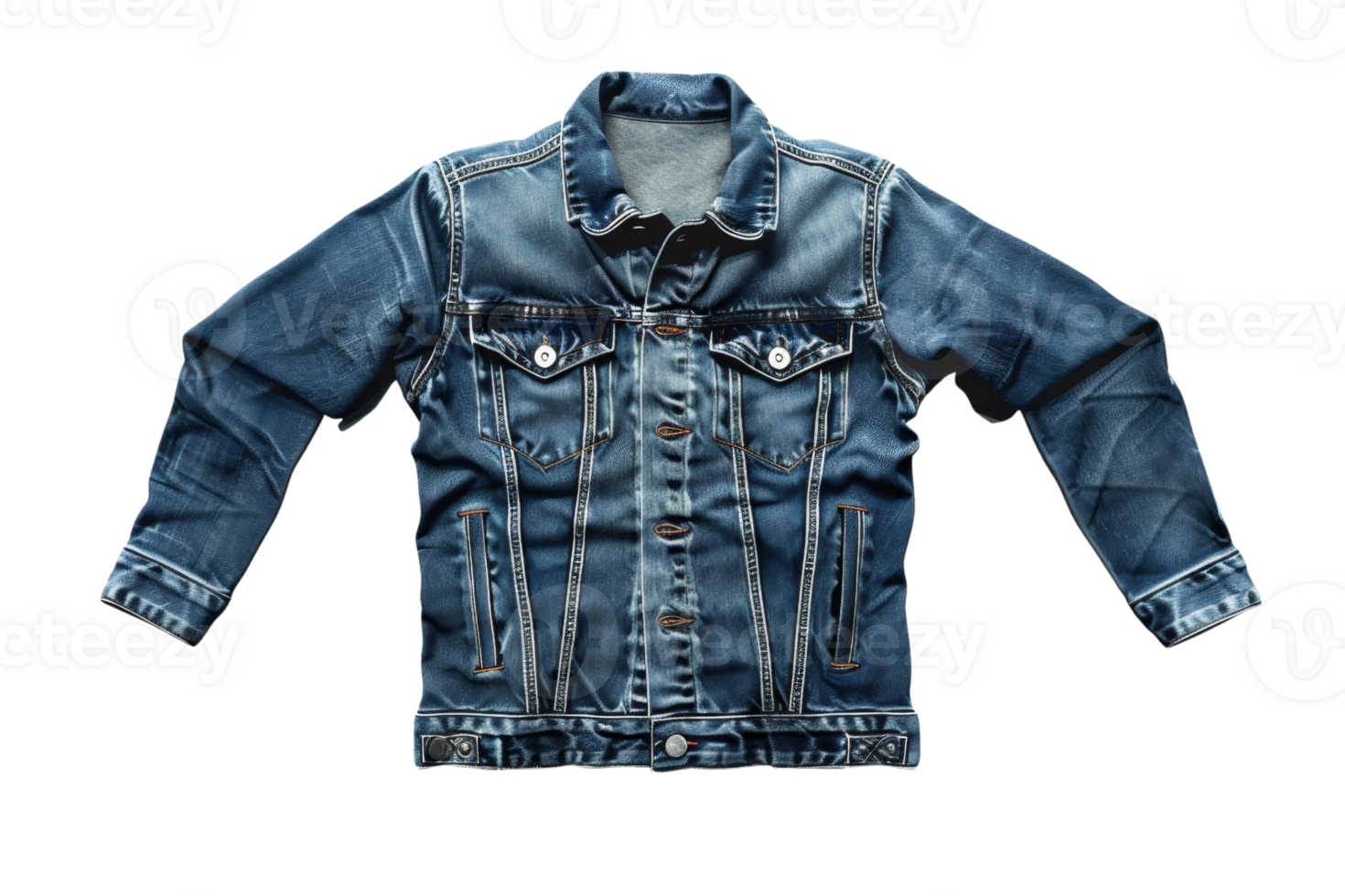 Blue denim jacket isolated on transparent background. Classic jean jacket with button closure, perfect for casual wear and versatile styling options. png